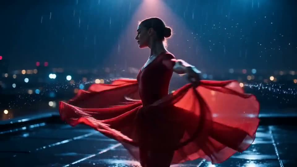 Seedance 2.0 Fast: Night slow motion: a ballerina in a red dress spins on a wet rooftop in the rain, city lights in bokeh