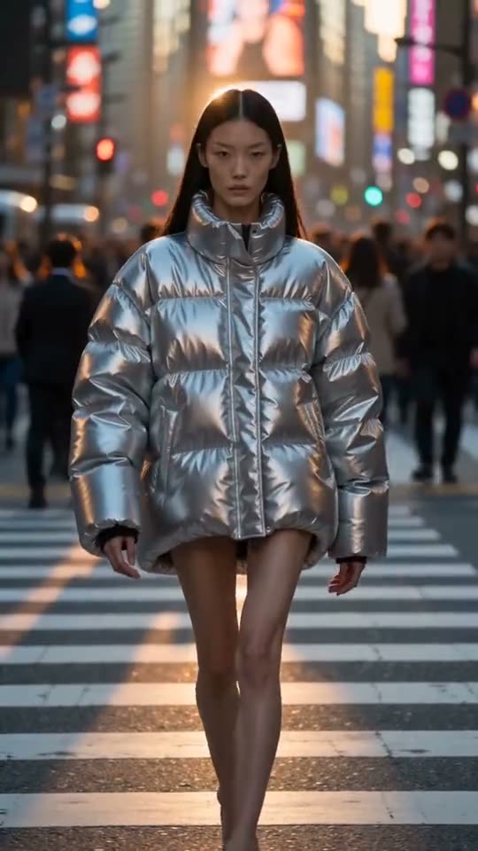 Seedance 2.0 Fast: Fashion film: a model in a silver puffer walks toward the camera across a Tokyo crosswalk at golden hour, slow motion
