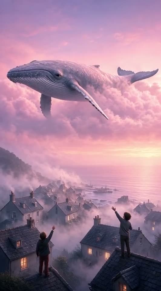 Grok Imagine: A giant friendly whale floats through pink clouds over a seaside village at dawn, kids wave from rooftops
